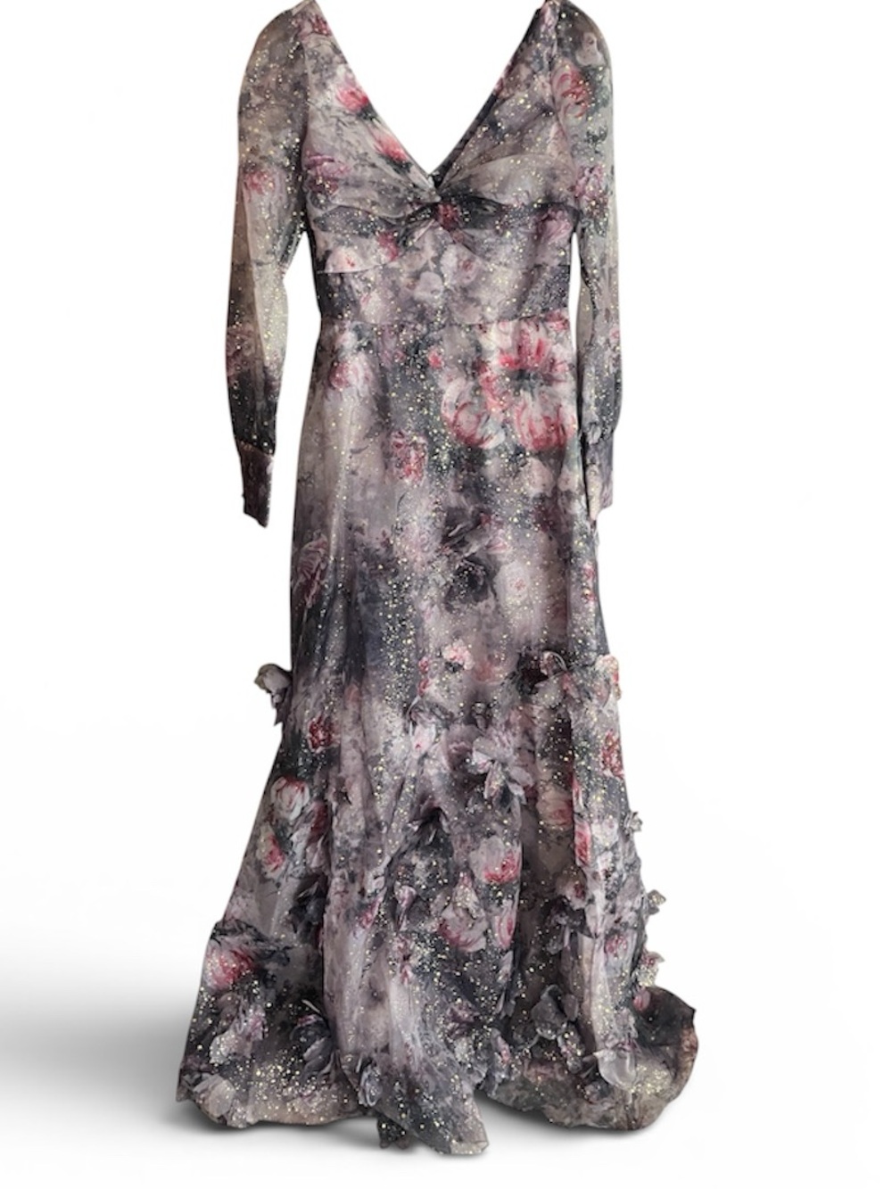 MARCHESA Twisted Floral Appliquéd Printed Organza Gown Mauve Lilac - Picture 3 of 16